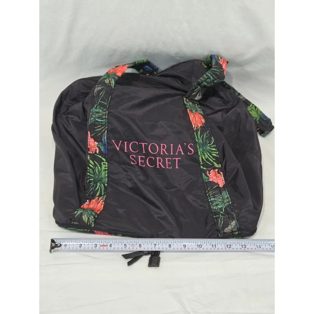 Victoria's Secret Packable Weekender Tote Gym Bag Black W Tropical Floral Handle